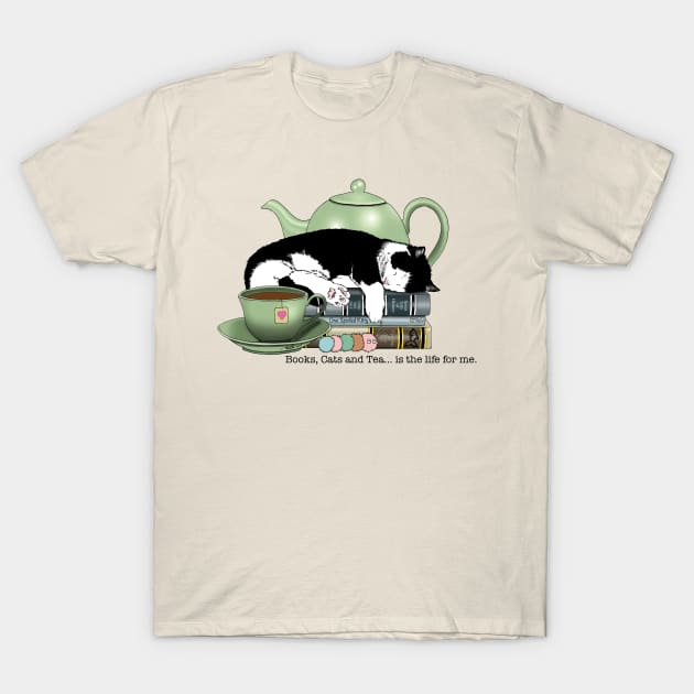 Tea Time Cat & Books T-Shirt by tigressdragon